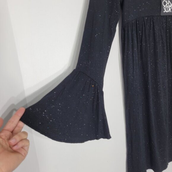 Chaser NEW Women's Black Long Bell Sleeves Sparkle V-neck Shift Dress Sz S NWT - Picture 6 of 10